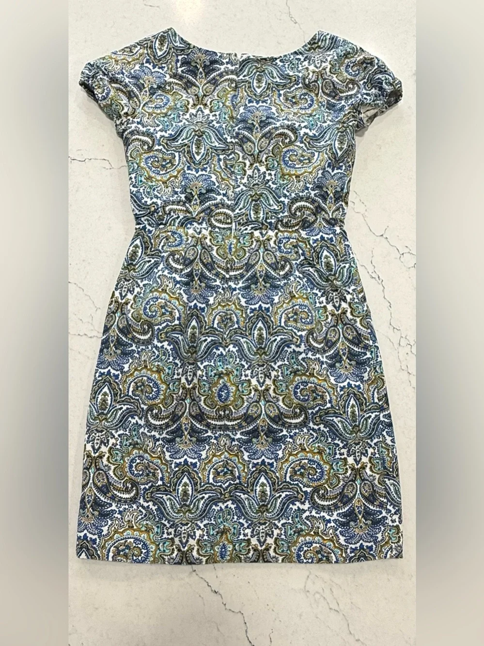 J.CREW Paisley Sheath Dress Blue White Size 2 Cap Sleeve Lined Zip Cotton